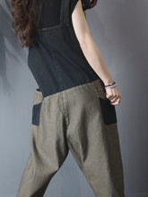 Women Retro Patchwork Contrast Color Suspenders Casual Pants